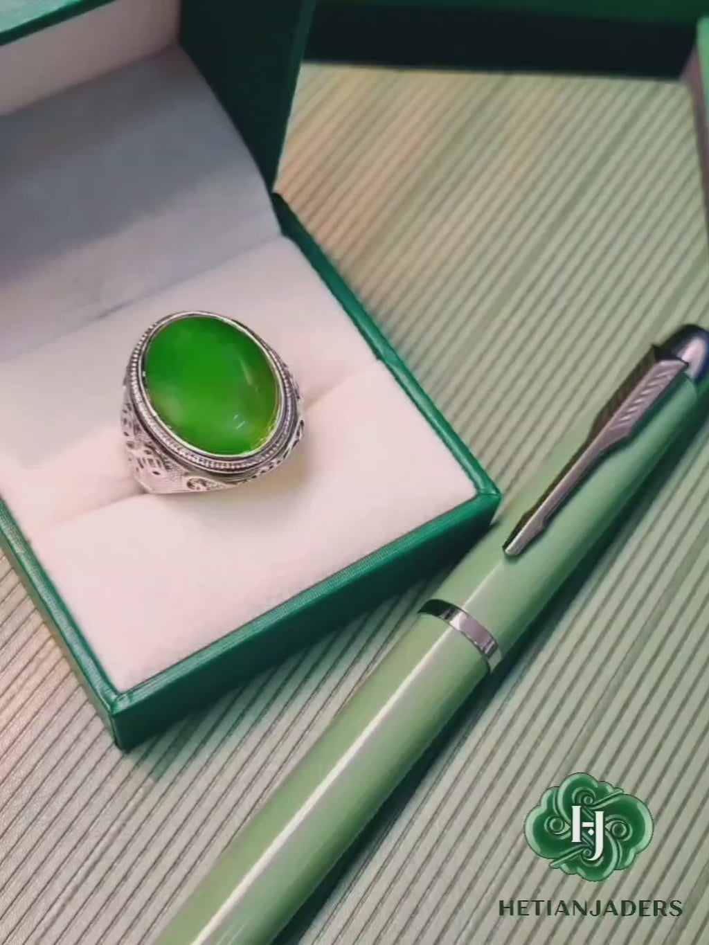 Authentic Hetian Jade Silver Ring, Jasper Green, Size 22 / 和田碧玉银戒指卡22