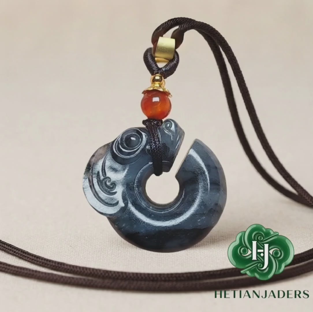 Authentic Hetian Jade Seed Stone Qing Hua Carved Pillar Dragon Pendant /和田玉3色青花籽料玉柱龙吊坠