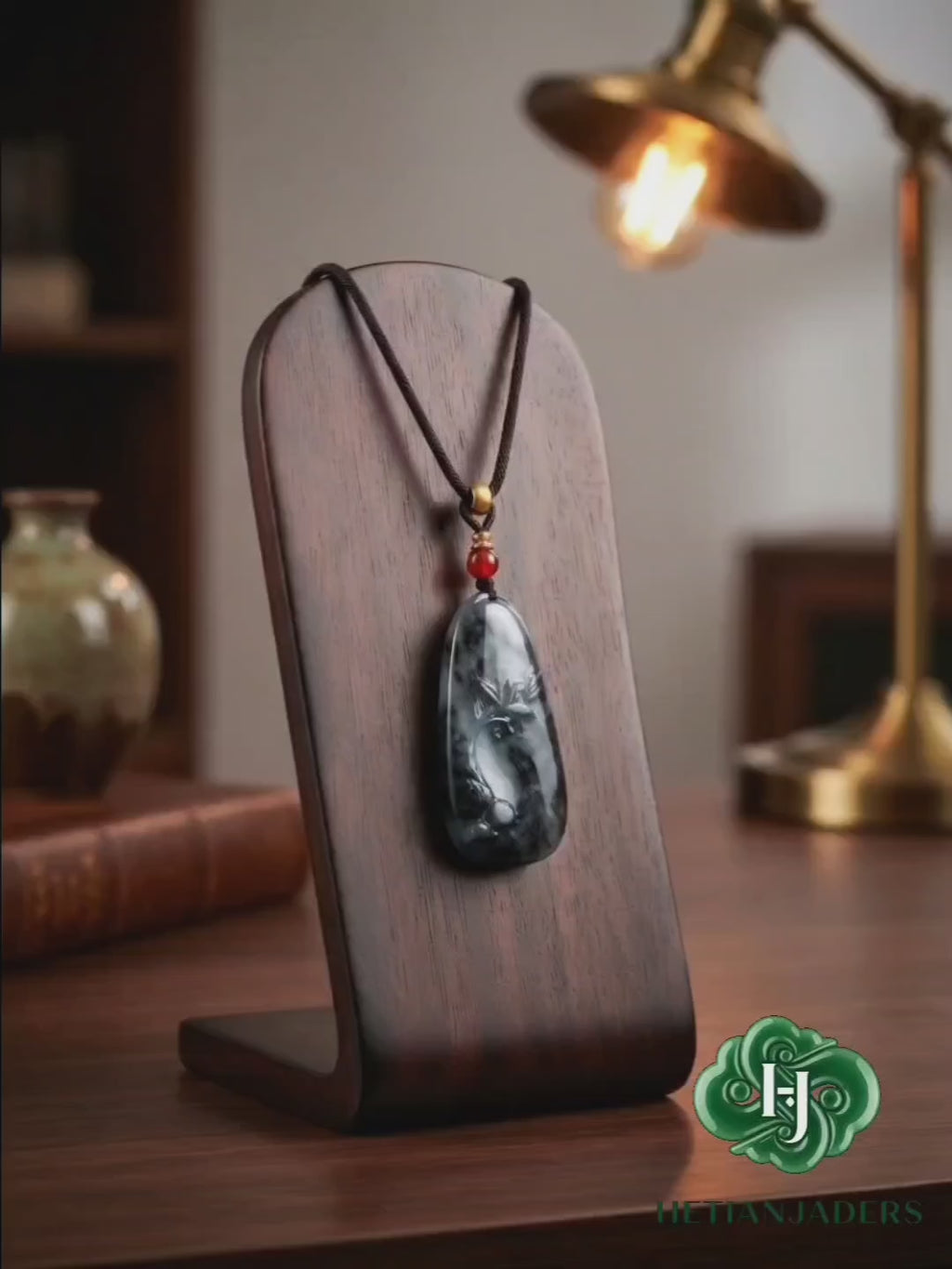 Authentic Hetian Ink Qing Hua Jade Seed Carved Wu Shi Pai Pendant / 和田玉籽料墨青花雕刻无事牌