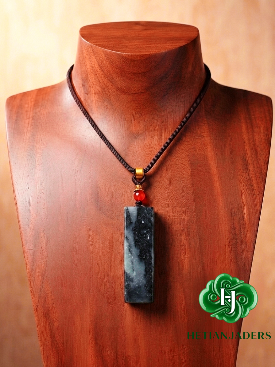 Authentic Hetian Tricolor QingHua Jade Seed Wu Shi Pai Pendant w Silver Sand /和田玉3色墨青花银沙无事牌