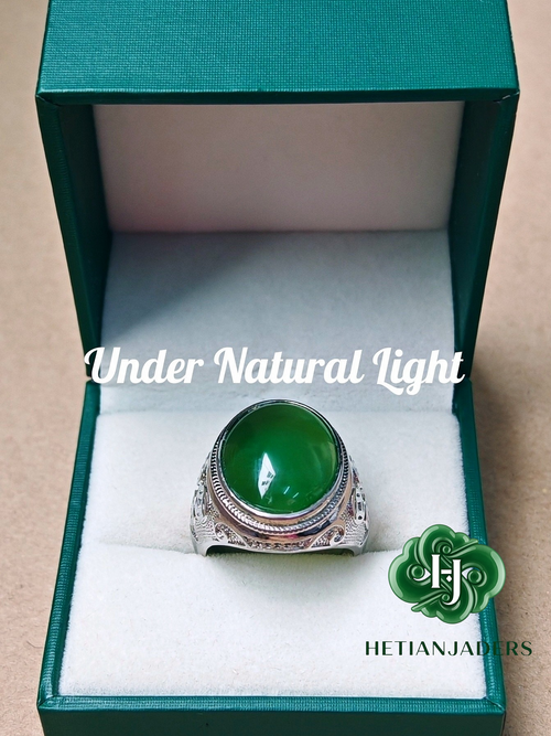 Authentic Hetian Jade Silver Ring, Jasper Green, Size 22 / 和田碧玉银戒指卡22