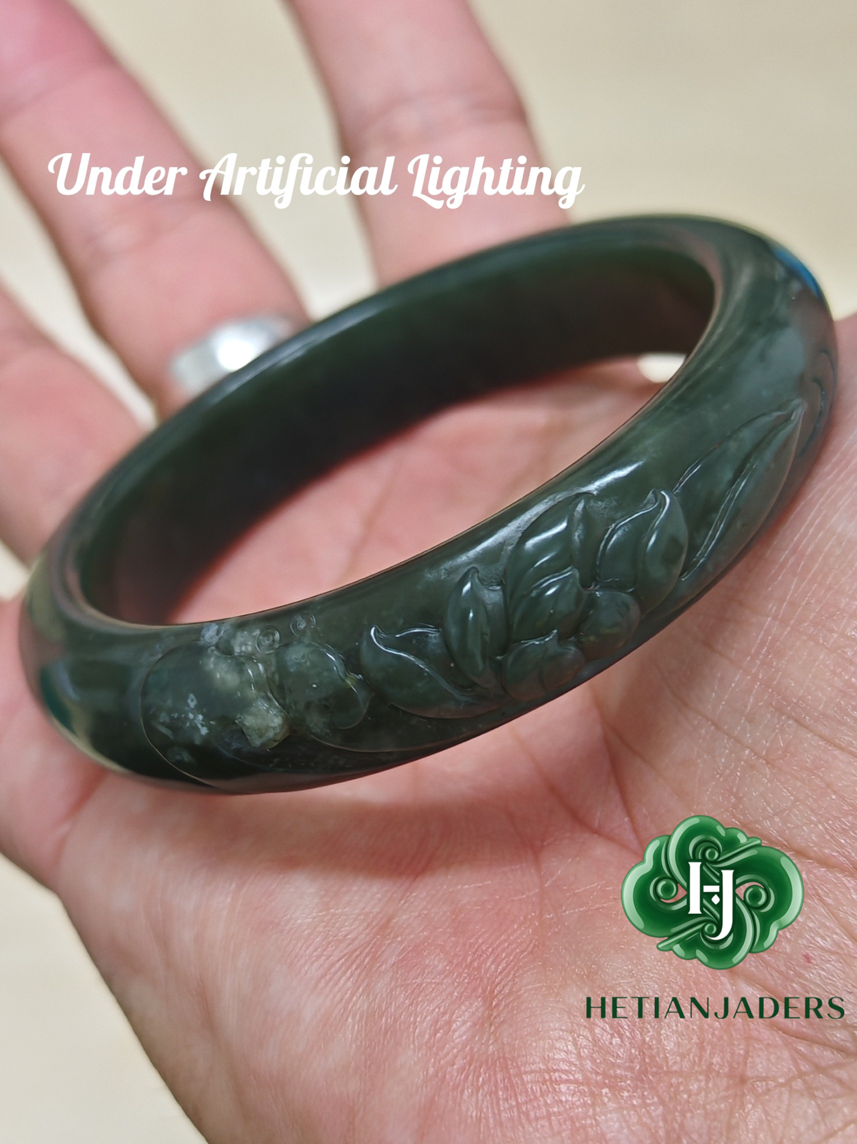 Authentic Hetian Seed Sha Zhao Qing Bluish Green Carved Lotus Size 58 Ping-An Bangle / 和田玉籽点墨蓝调沙枣青莲花雕平安手镯卡58