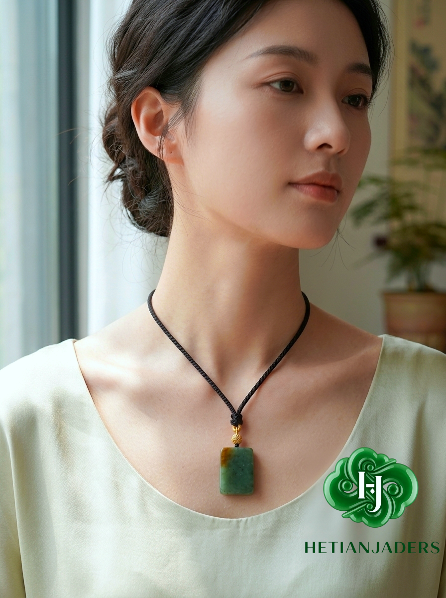 Authentic Hetian Bluish Hue Sha Zhao Green Sugar Jade Wushi Pendant / 和田玉蓝调沙枣青带糖无事牌吊坠