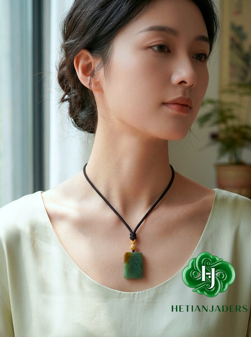 Authentic Hetian Bluish Hue Sha Zhao Green Sugar Jade Wushi Pendant / 和田玉蓝调沙枣青带糖无事牌吊坠