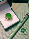 Authentic Hetian Jade Silver Ring, Jasper Green, Size 22 / 和田碧玉银戒指卡22