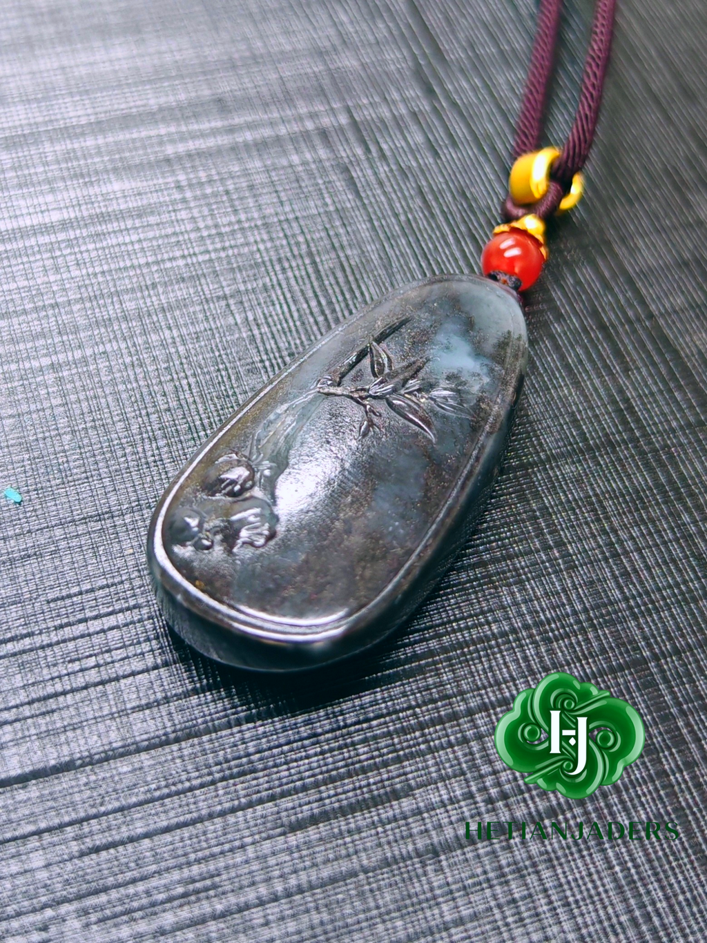 Authentic Hetian Ink Qing Hua Jade Seed Carved Wu Shi Pai Pendant / 和田玉籽料墨青花雕刻无事牌