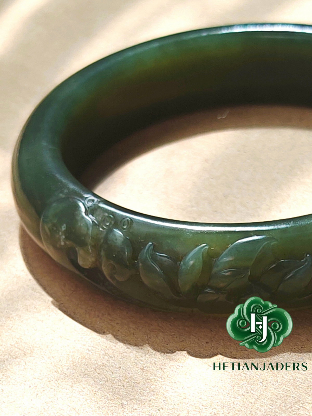 Authentic Hetian Seed Sha Zhao Qing Bluish Green Carved Lotus Size 58 Ping-An Bangle / 和田玉籽点墨蓝调沙枣青莲花雕平安手镯卡58