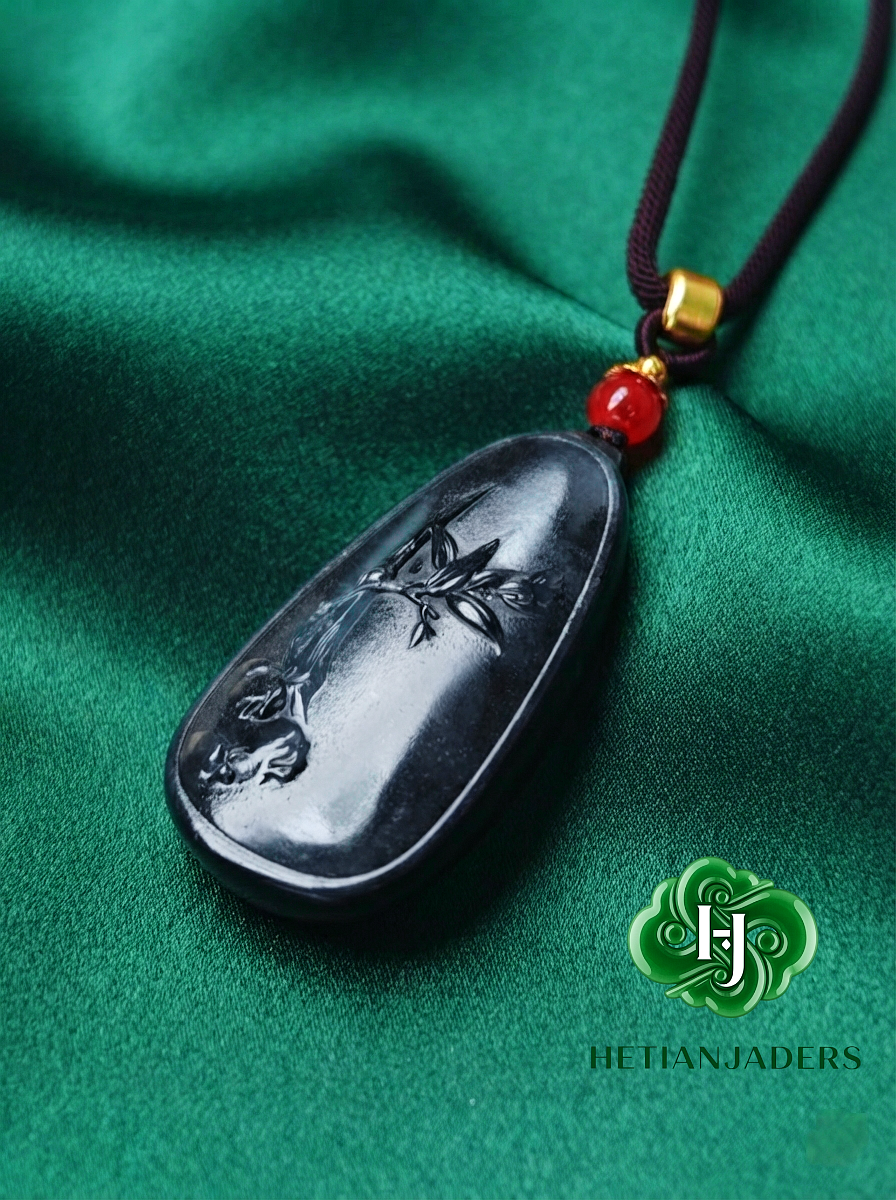 Authentic Hetian Ink Qing Hua Jade Seed Carved Wu Shi Pai Pendant / 和田玉籽料墨青花雕刻无事牌