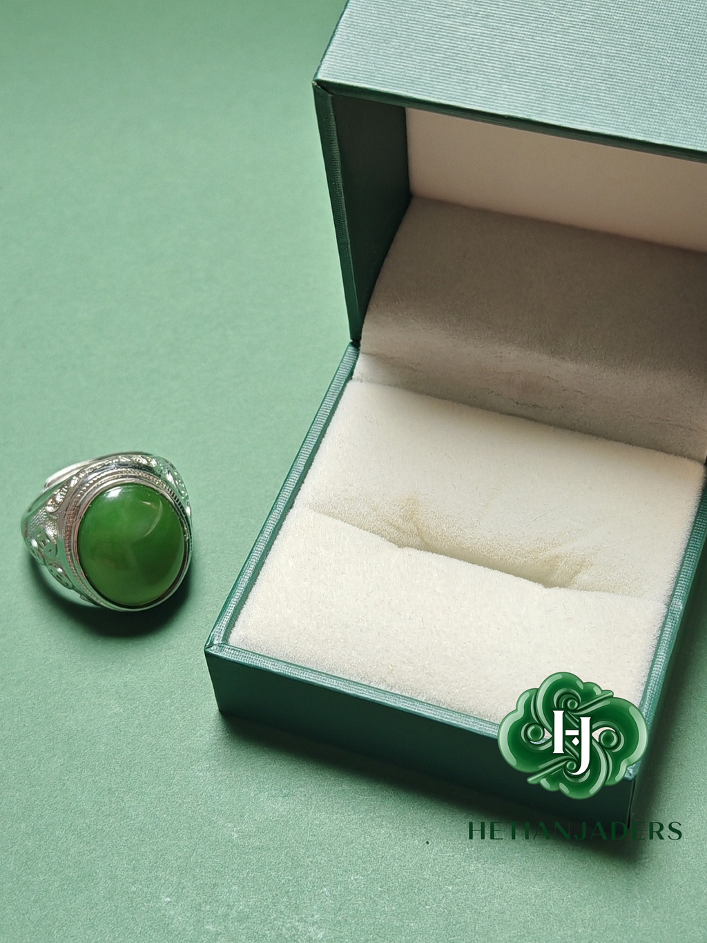 Authentic Hetian Jade Silver Ring, Jasper Green, Size 22 / 和田碧玉银戒指卡22