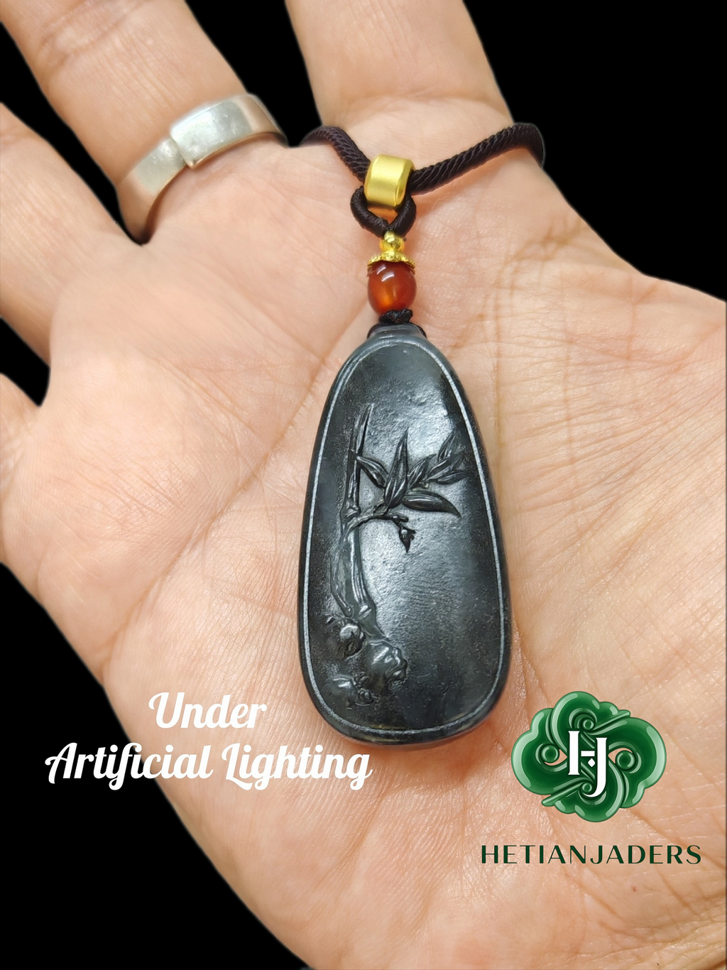 Authentic Hetian Ink Qing Hua Jade Seed Carved Wu Shi Pai Pendant / 和田玉籽料墨青花雕刻无事牌