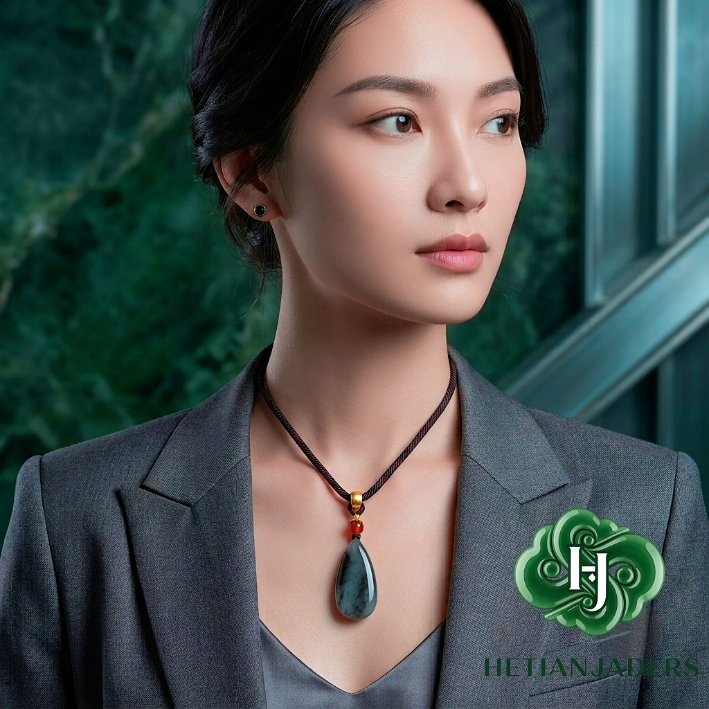 Authentic Hetian Tricolor Qing Hua Teardrop Jade Pendant / 和田玉籽料3色青花玉吊坠