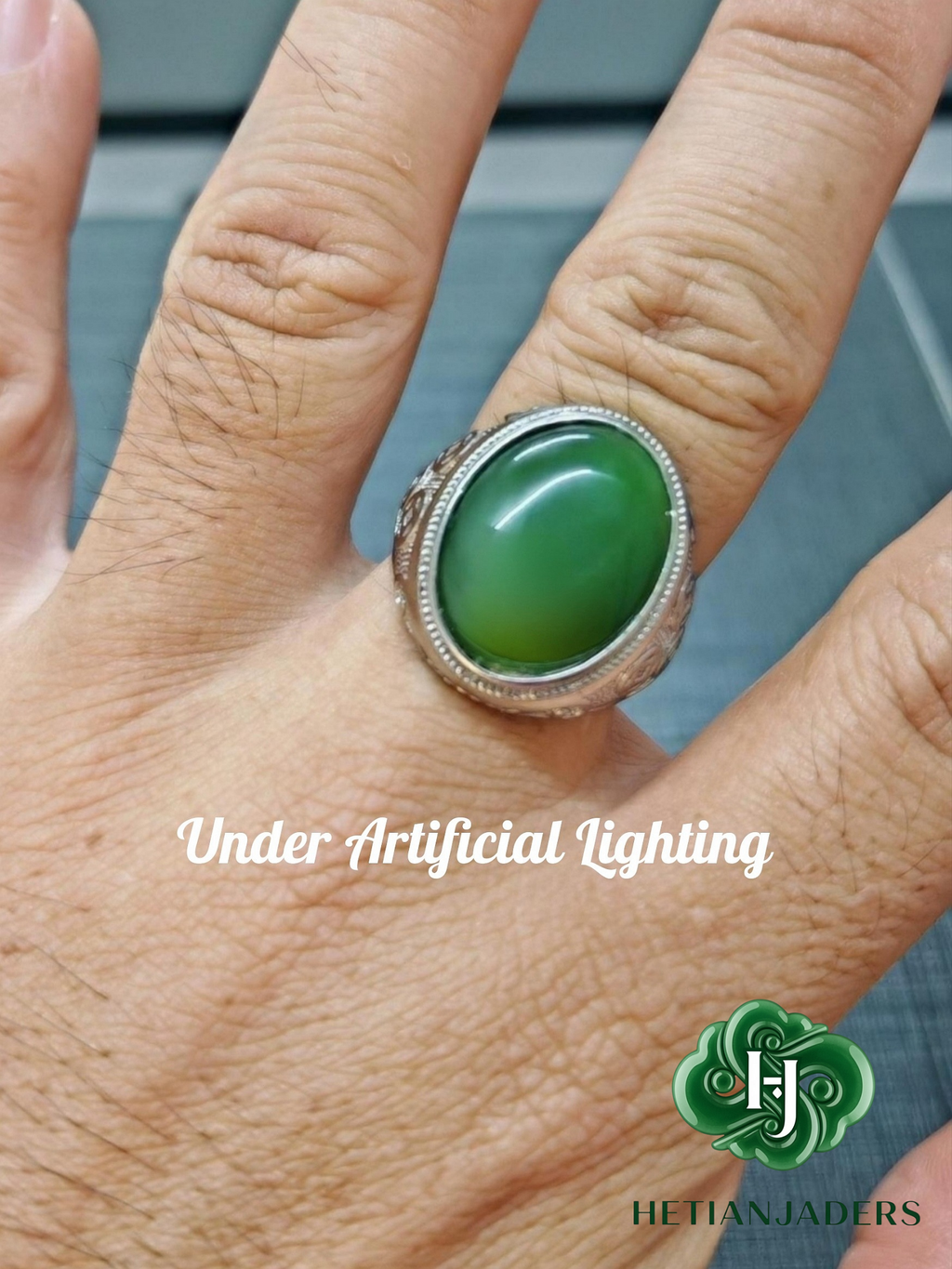 Authentic Hetian Jade Silver Ring, Jasper Green, Size 22 / 和田碧玉银戒指卡22