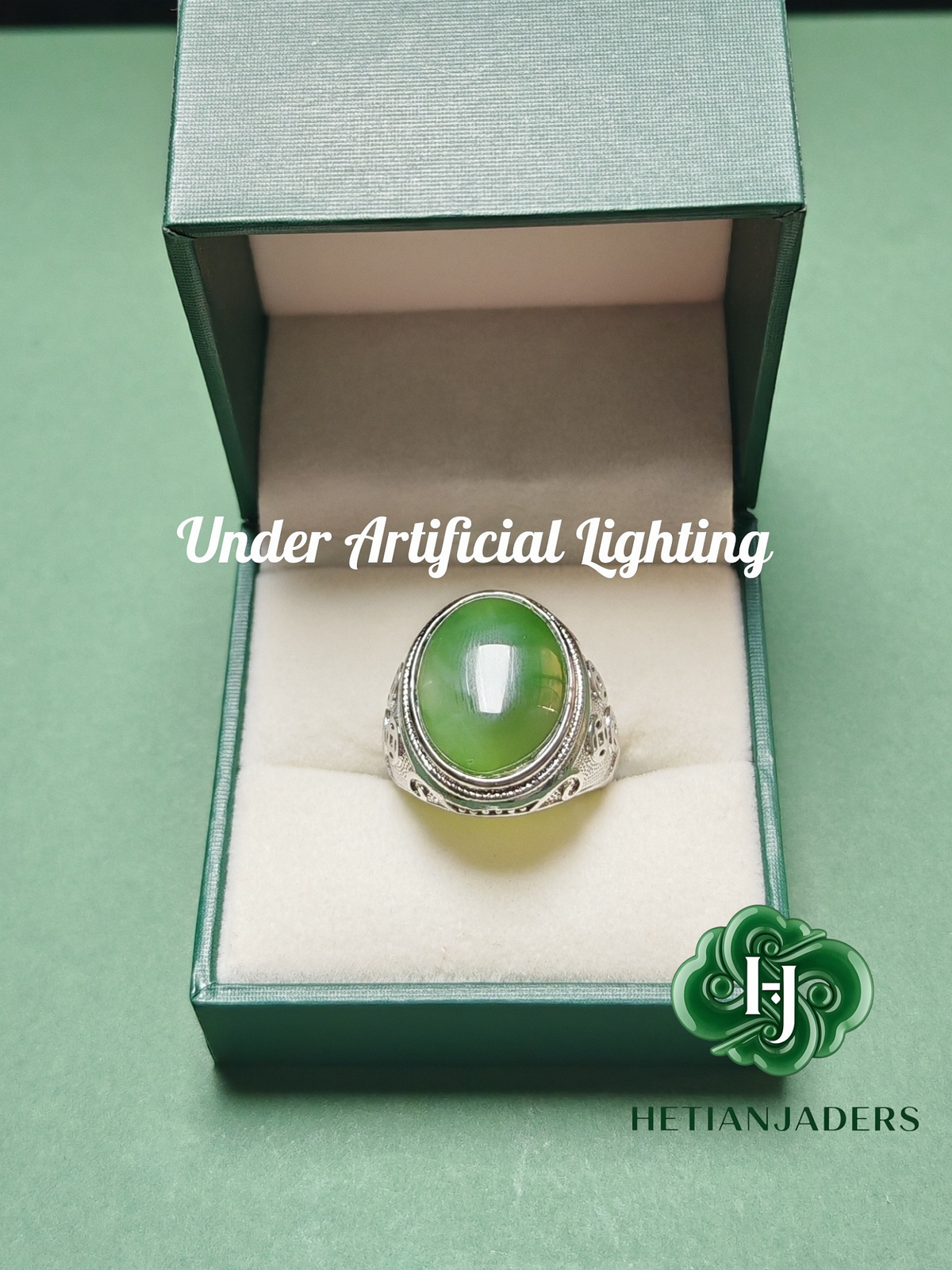 Authentic Hetian Jade Silver Ring, Jasper Green, Size 22 / 和田碧玉银戒指卡22