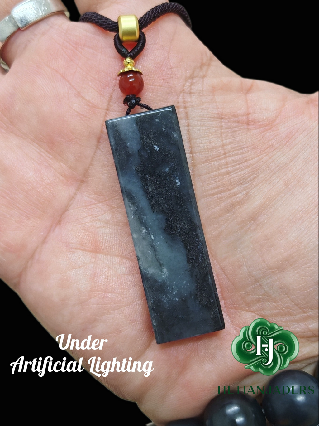 Authentic Hetian Tricolor QingHua Jade Seed Wu Shi Pai Pendant w Silver Sand /和田玉3色墨青花银沙无事牌