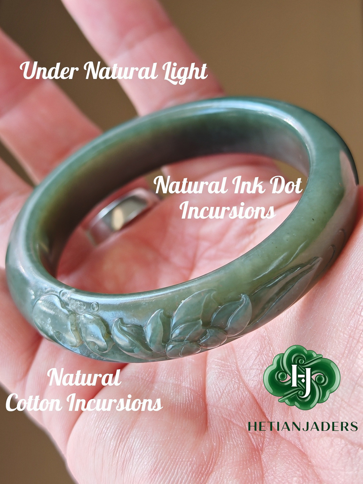 Authentic Hetian Seed Sha Zhao Qing Bluish Green Carved Lotus Size 58 Ping-An Bangle / 和田玉籽点墨蓝调沙枣青莲花雕平安手镯卡58