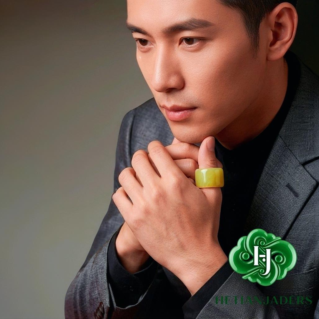 Authentic Hetian Ruoqiang Yellow Jade 21mm Archer's Thumb Ring / 和田玉若羌黄口扳指卡21