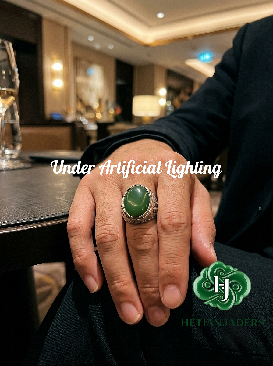 Authentic Hetian Jade Silver Ring, Jasper Green, Size 22 / 和田碧玉银戒指卡22