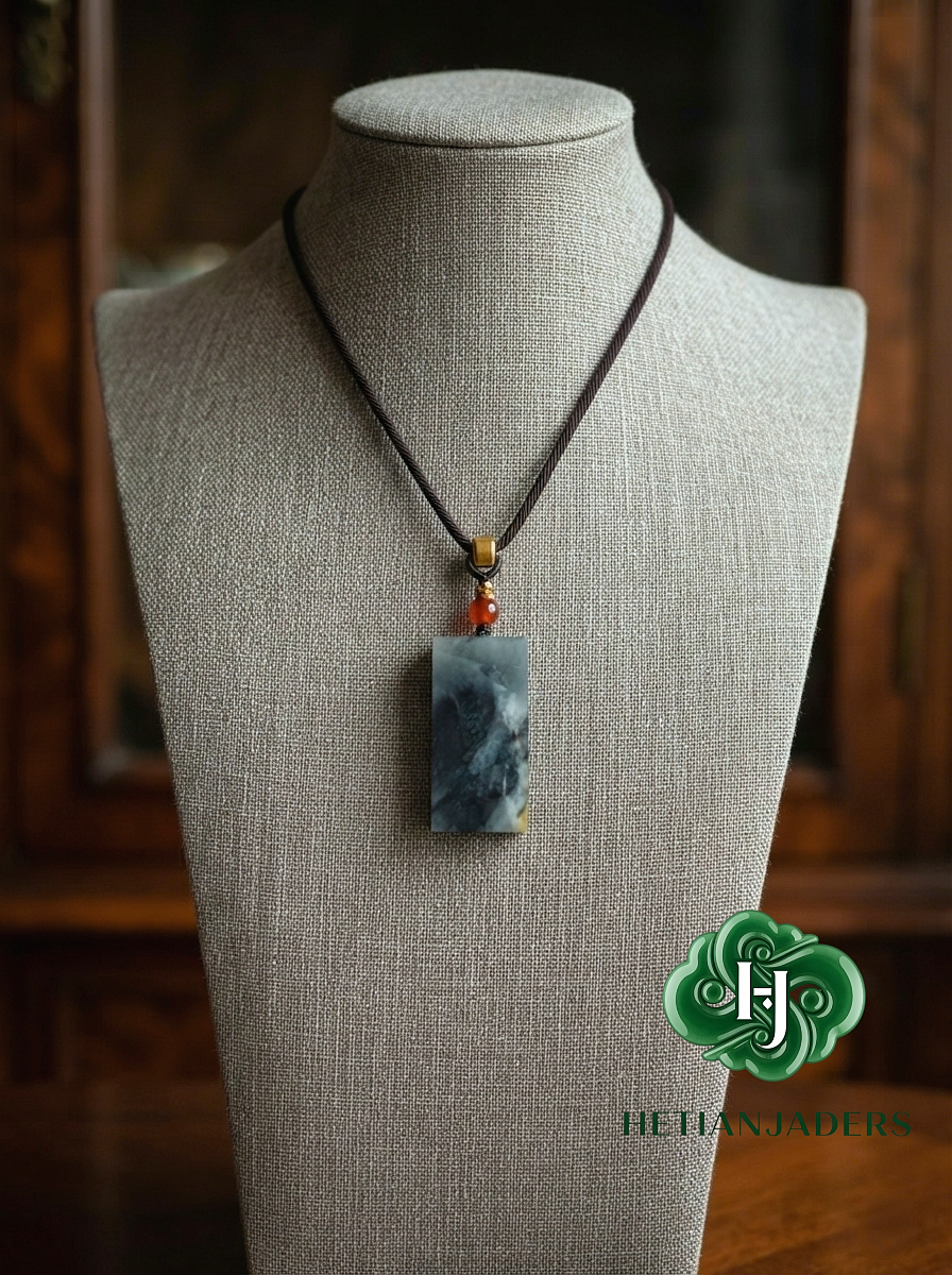 Authentic Hetian Tricolor Sugar Qing Hua Wu Shi Pai Jade Seed Pendant / 和田玉籽料3色青花无事牌