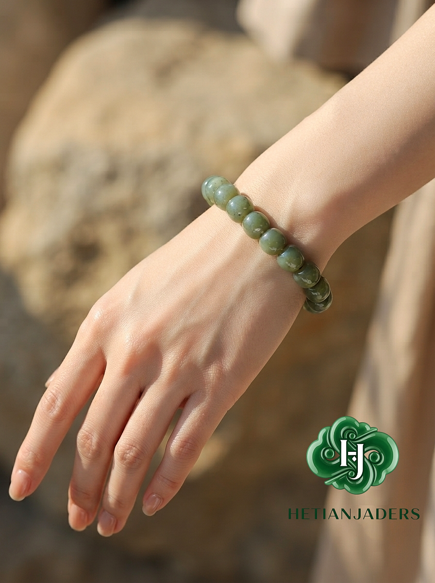 Authentic Hetian Seed ShaZhaoQing 11*10 Old Style Beads Jade Bracelet / 和田玉籽点墨蓝调沙枣青11*10老形珠手串