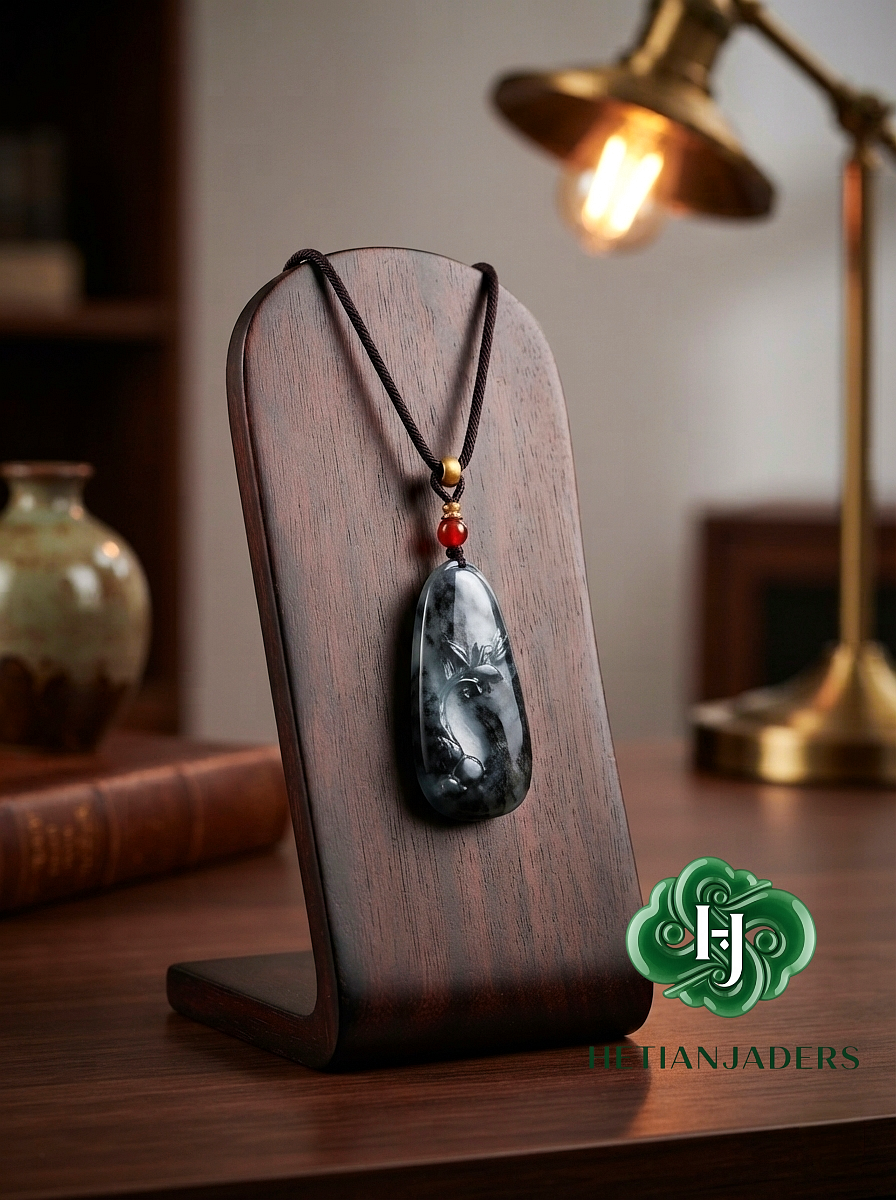 Authentic Hetian Ink Qing Hua Jade Seed Carved Wu Shi Pai Pendant / 和田玉籽料墨青花雕刻无事牌