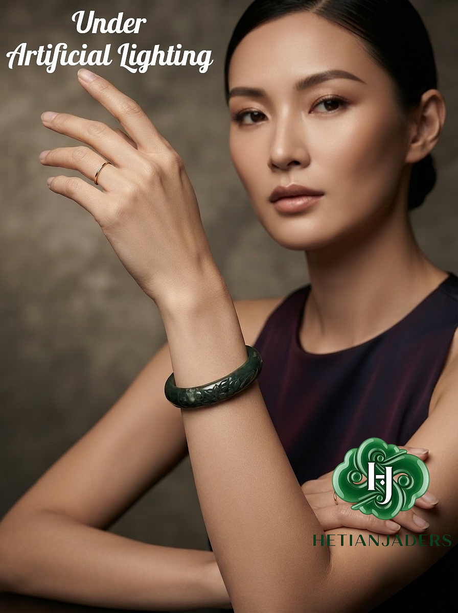 Authentic Hetian Seed Sha Zhao Qing Bluish Green Carved Lotus Size 58 Ping-An Bangle / 和田玉籽点墨蓝调沙枣青莲花雕平安手镯卡58