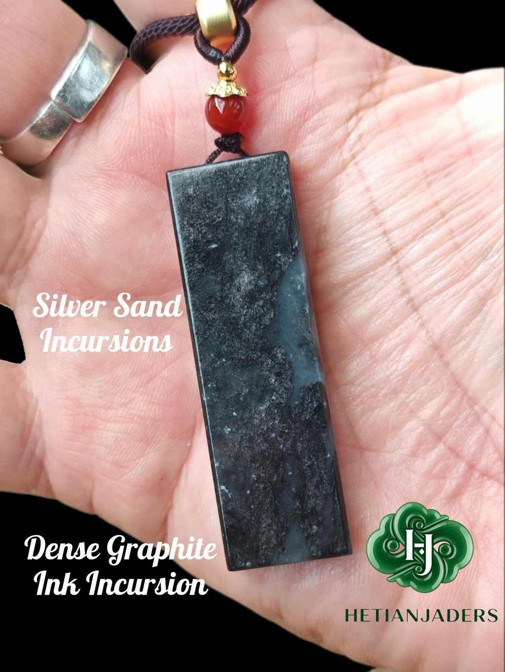 Authentic Hetian Tricolor QingHua Jade Seed Wu Shi Pai Pendant w Silver Sand /和田玉3色墨青花银沙无事牌