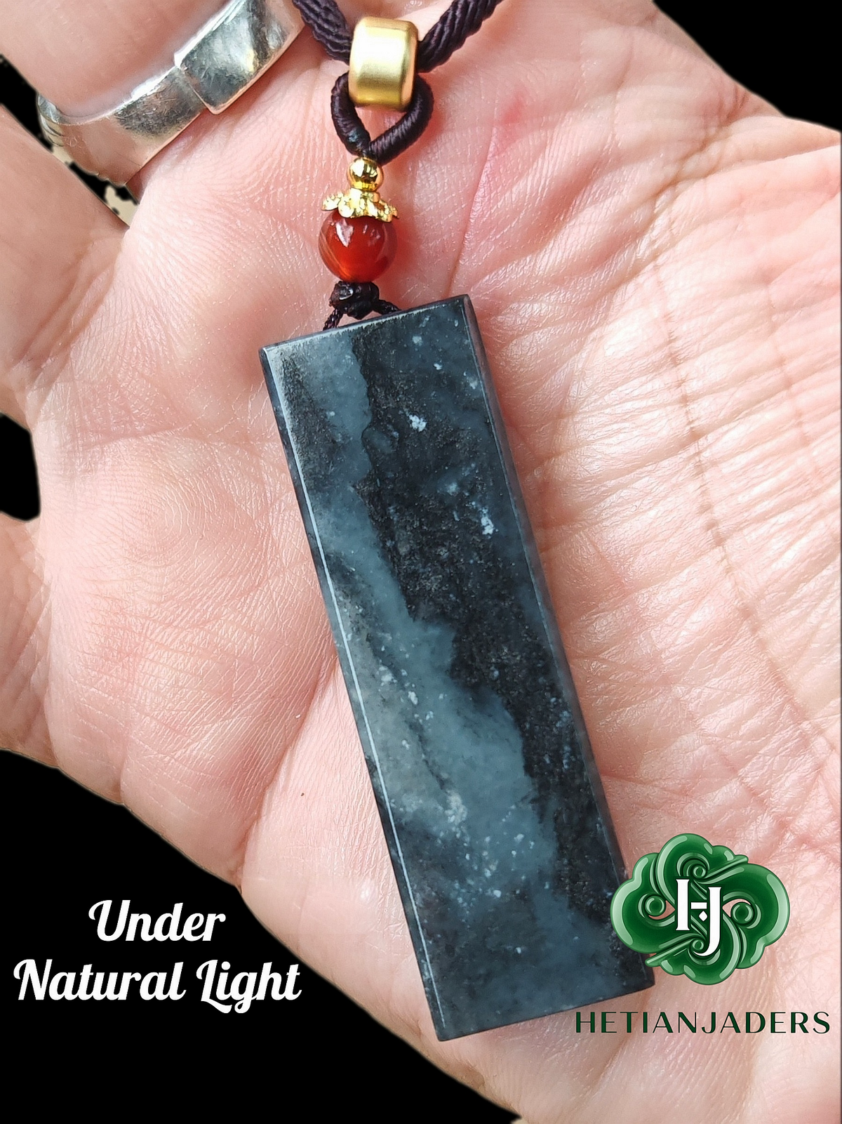 Authentic Hetian Tricolor QingHua Jade Seed Wu Shi Pai Pendant w Silver Sand /和田玉3色墨青花银沙无事牌