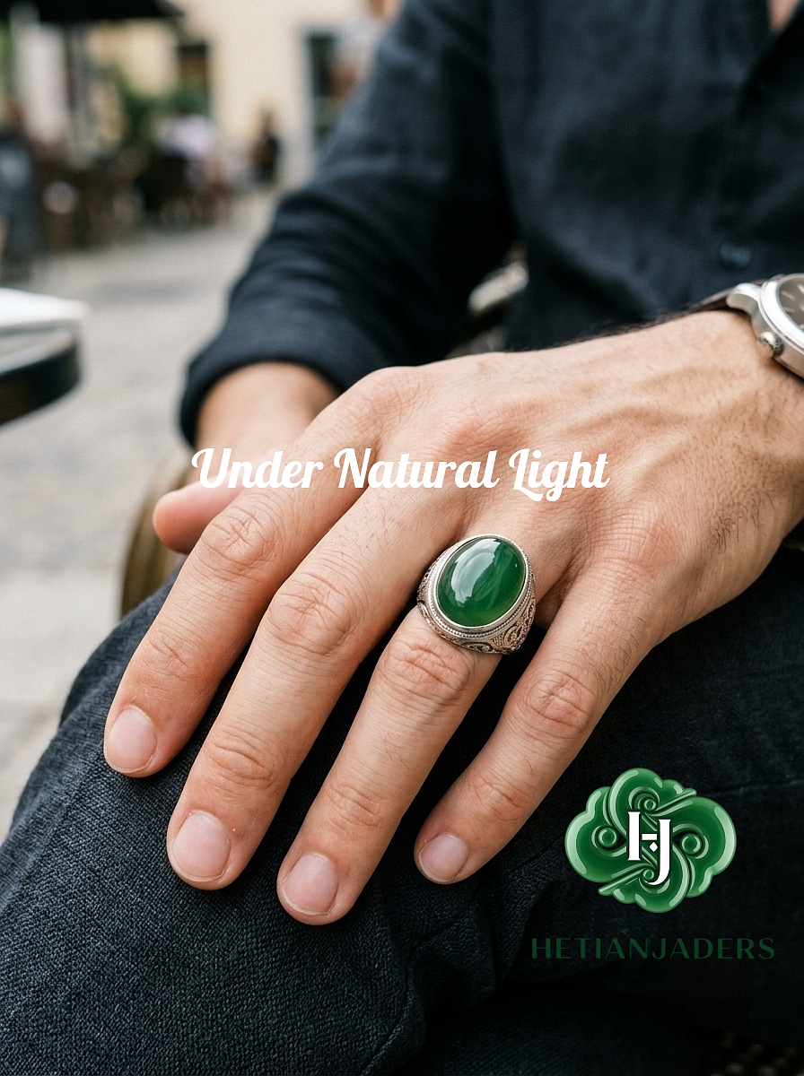 Authentic Hetian Jade Silver Ring, Jasper Green, Size 22 / 和田碧玉银戒指卡22