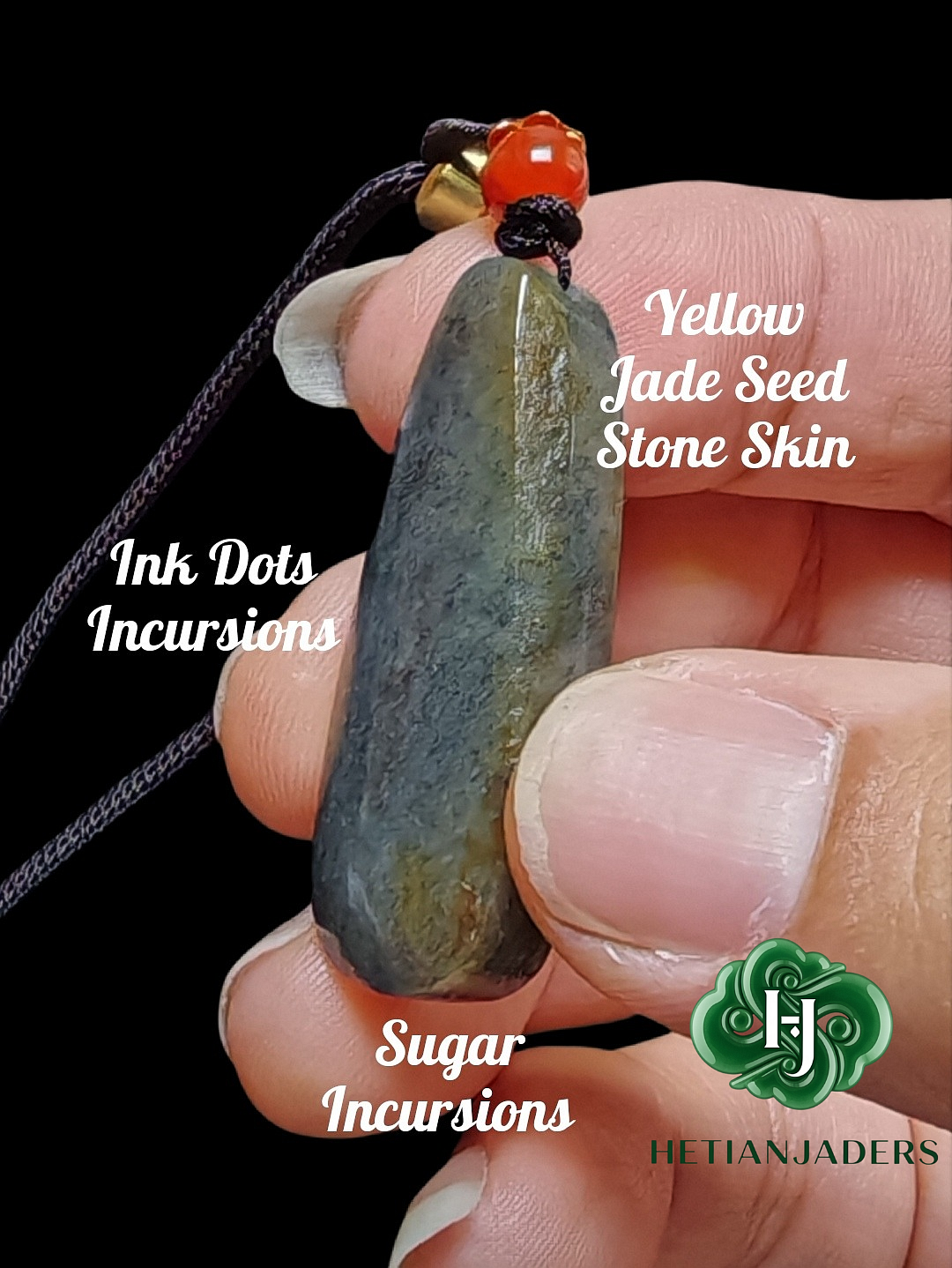 Authentic Hetian Four Colors Ink Dot QingHua Teardrop Pendant / 和田玉4色点墨青花带糖吊坠