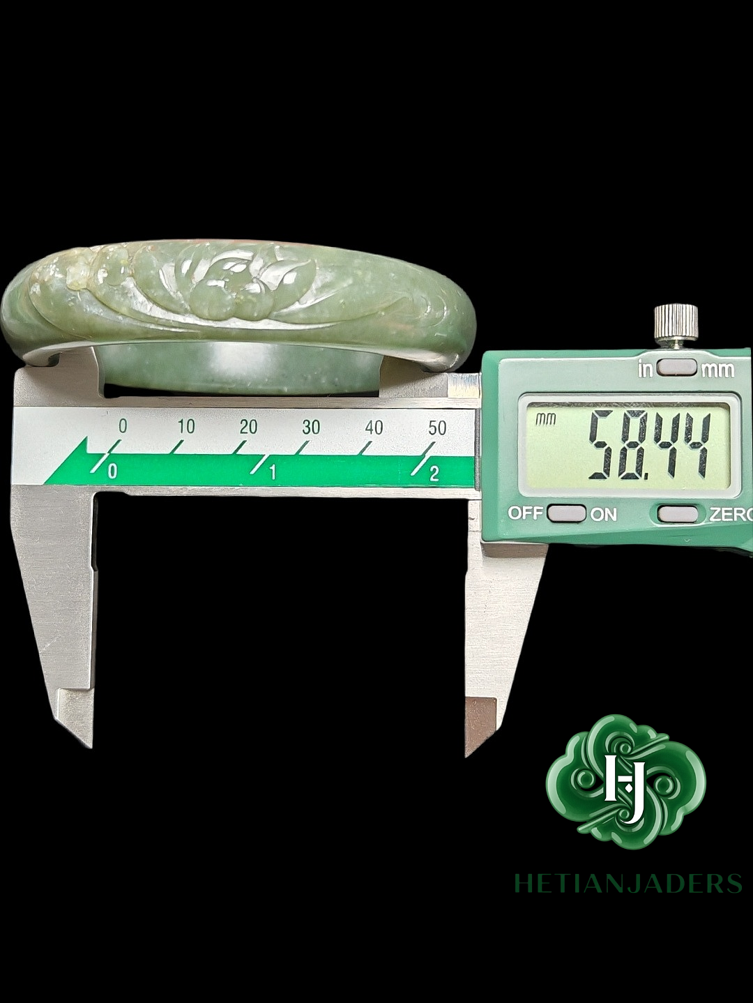 Authentic Hetian Seed Sha Zhao Qing Bluish Green Carved Lotus Size 58 Ping-An Bangle / 和田玉籽点墨蓝调沙枣青莲花雕平安手镯卡58