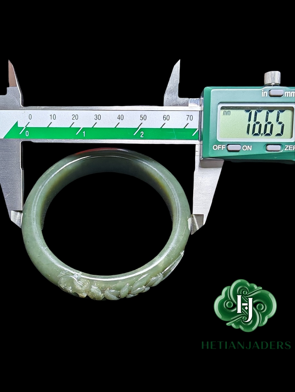Authentic Hetian Seed Sha Zhao Qing Bluish Green Carved Lotus Size 58 Ping-An Bangle / 和田玉籽点墨蓝调沙枣青莲花雕平安手镯卡58