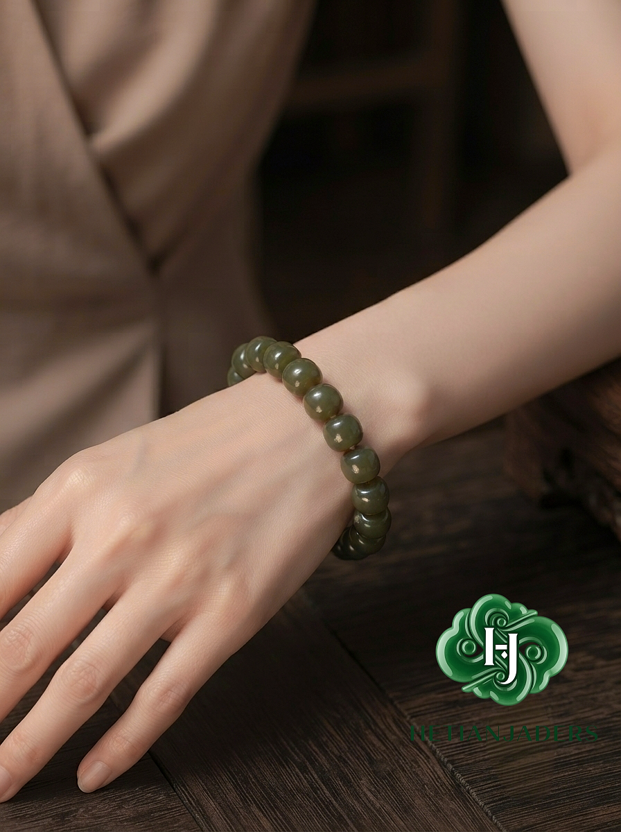 Authentic Hetian Seed ShaZhaoQing 11*10 Old Style Beads Jade Bracelet / 和田玉籽点墨蓝调沙枣青11*10老形珠手串