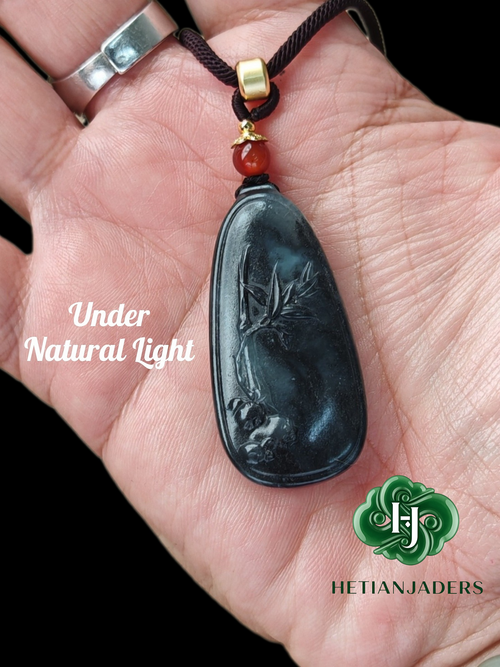 Authentic Hetian Ink Qing Hua Jade Seed Carved Wu Shi Pai Pendant / 和田玉籽料墨青花雕刻无事牌