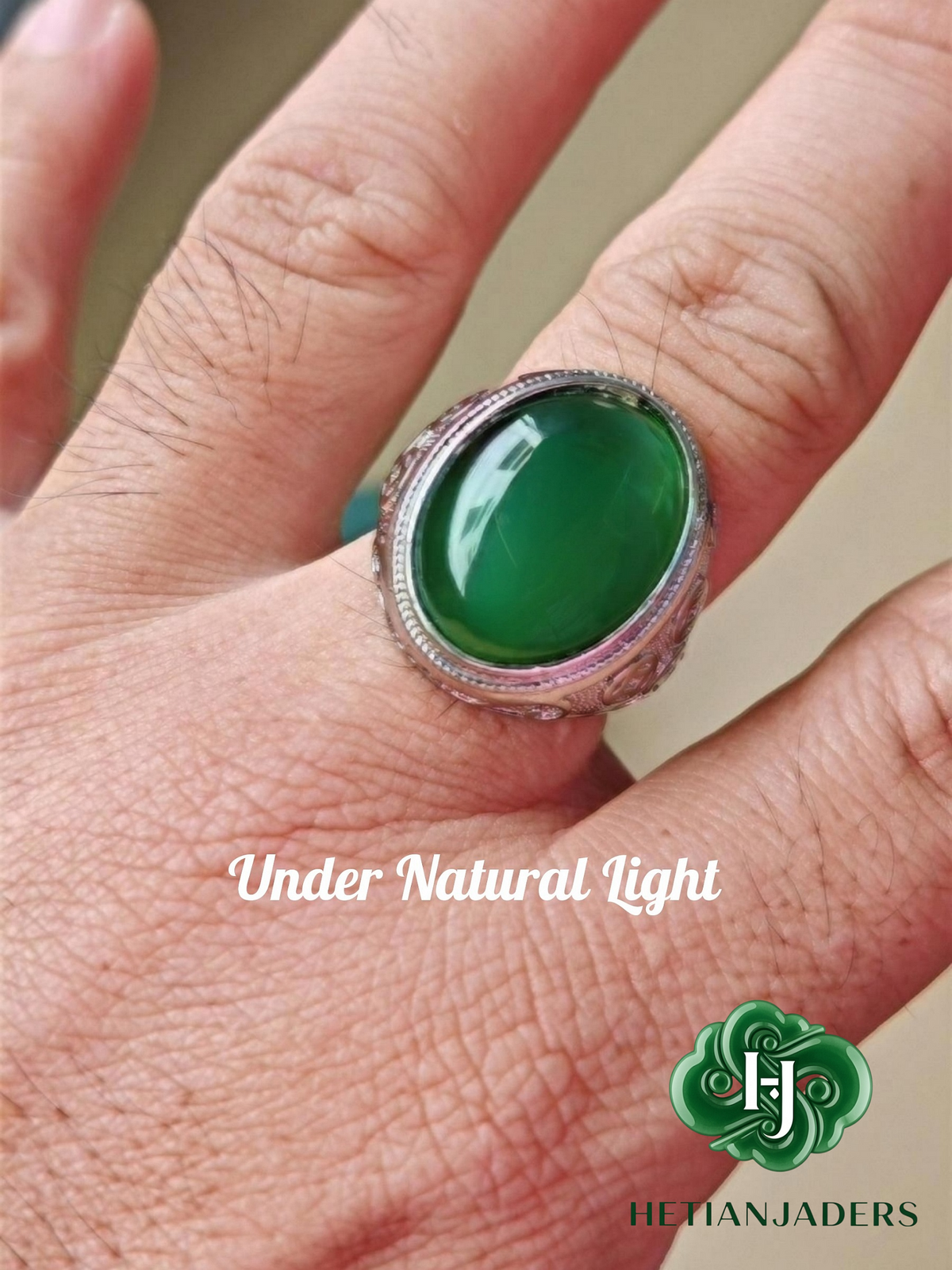Authentic Hetian Jade Silver Ring, Jasper Green, Size 22 / 和田碧玉银戒指卡22